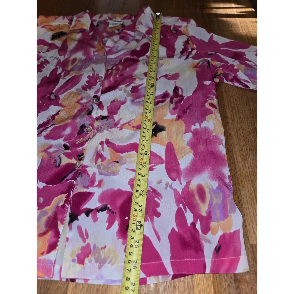 National Women XL Pink Orange Floral Spring Summer Button Down Short Sleeve Top - Picture 7 of 11